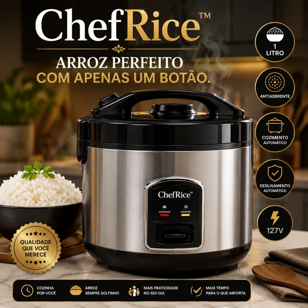 Panela Elétrica de Arroz 1 Litro 127V ChefRice™ Antiaderente Cozimento Automático Compacta Desligamento Automático Preta