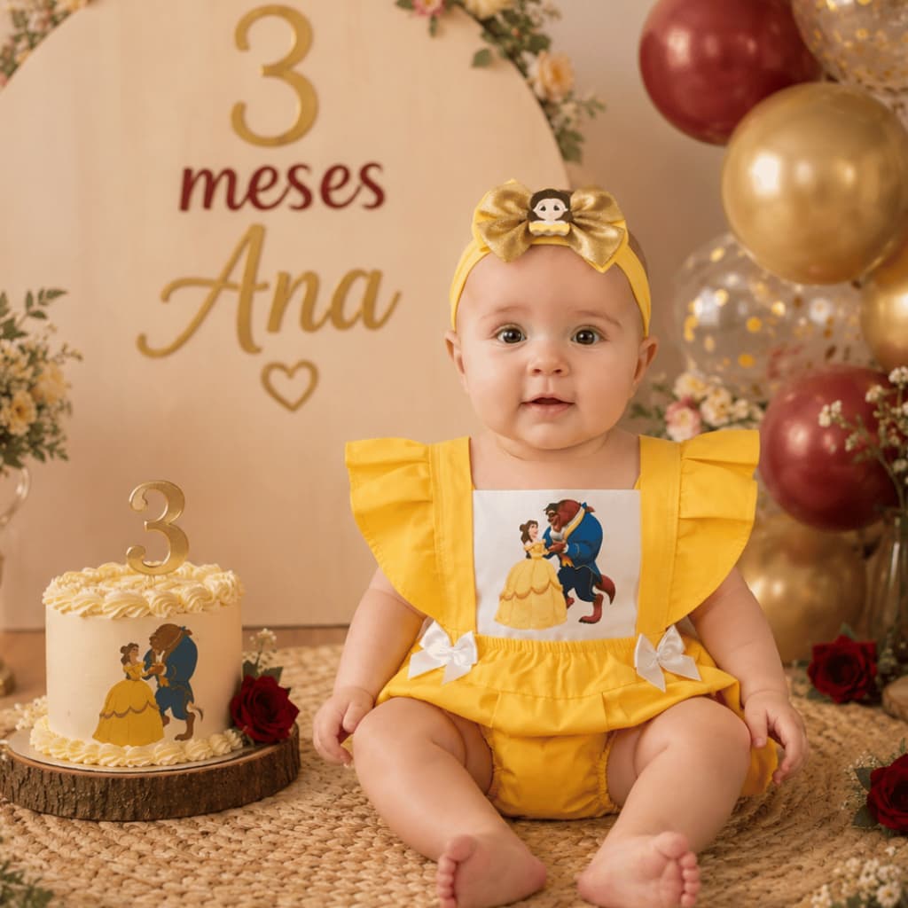 Romper Bela Vestido Bela e a fera Mesversario melhores temas menina + laço 0 a 3 meses