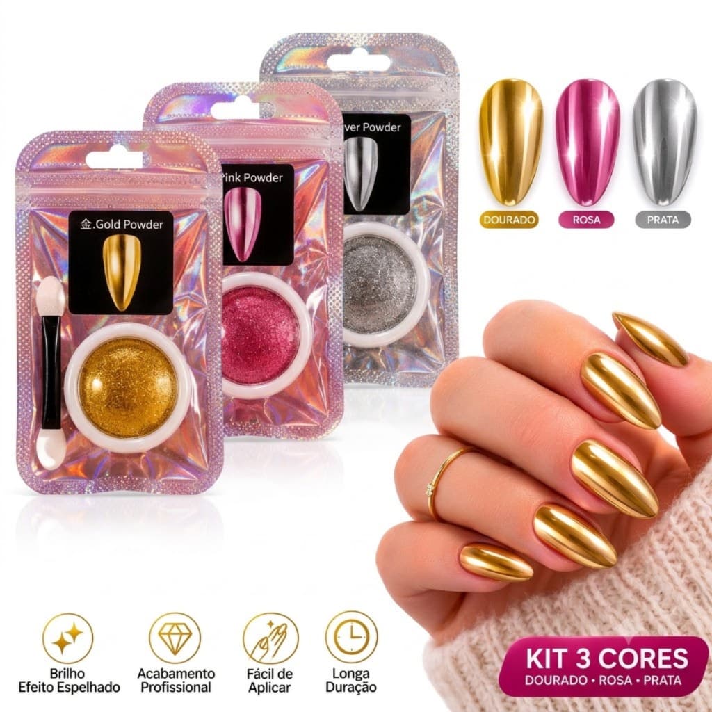 Pó Cromado Para Unhas Kit 3 Cores Efeito Metalizado