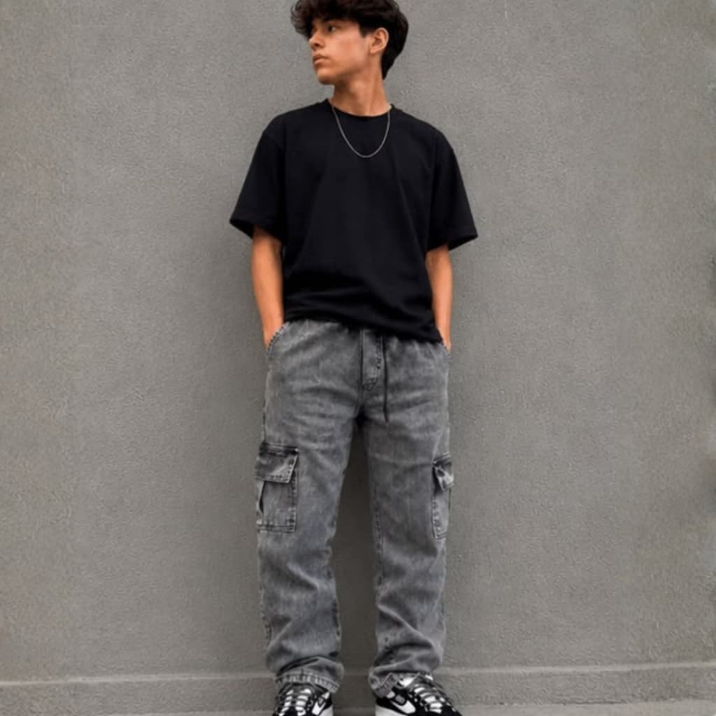 Calça Cargo jeans Infantil Juvenil Skatista Jeans Preta Marmorizada Unissex Menino menina do 4 ao 16