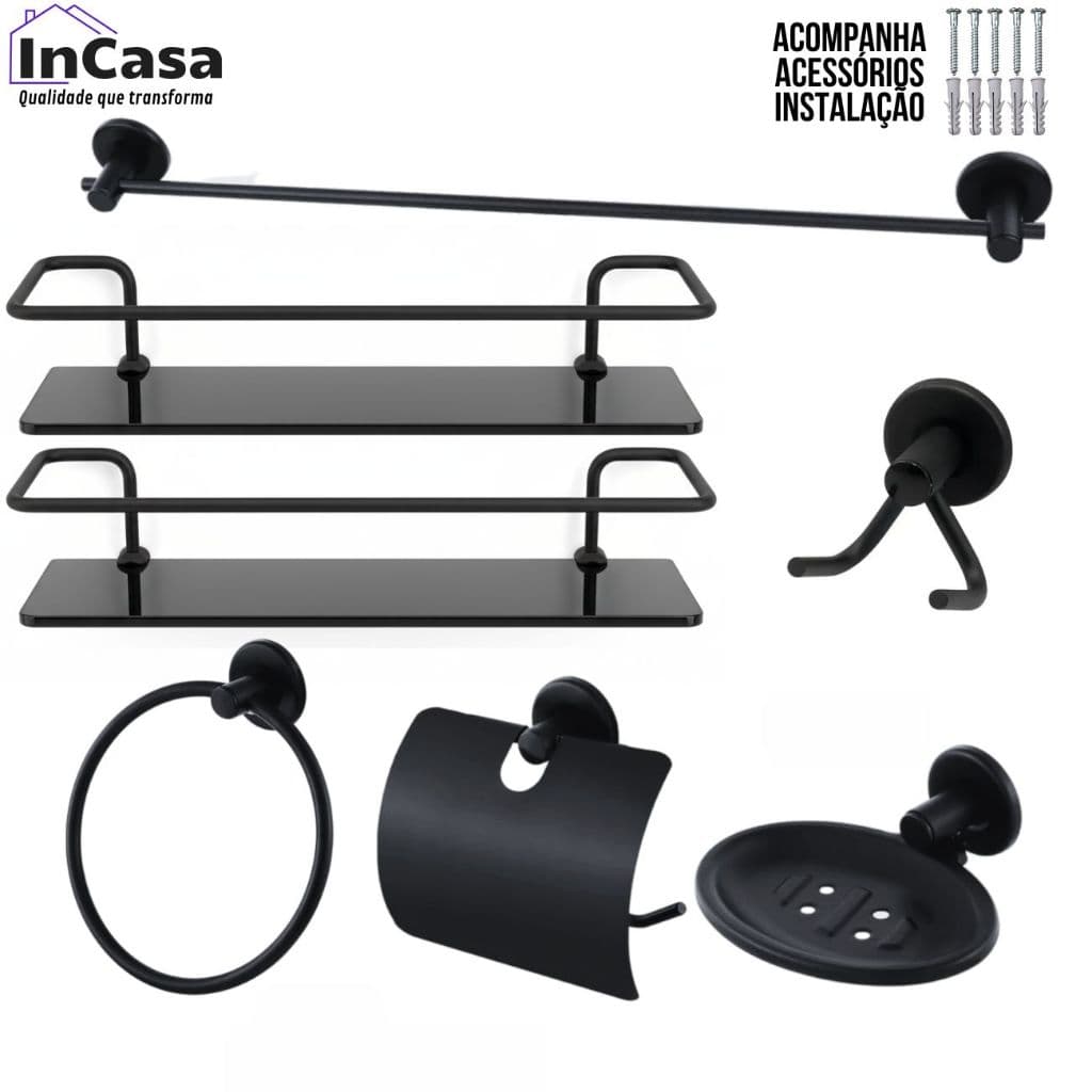 Kit Para Banheiro Completo 5 Peças Preto Fume + Porta Shampoo Prateleira De Vidro Fumê