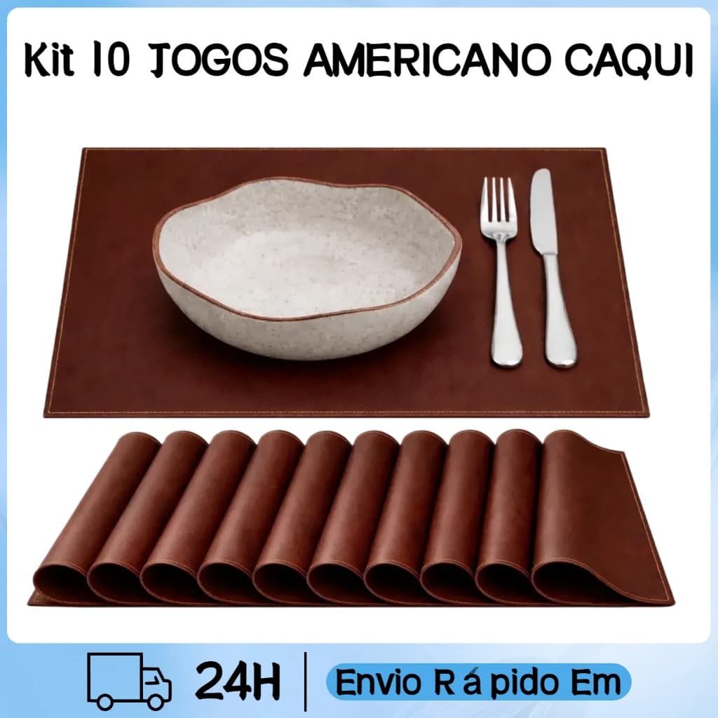 Kit 10 Jogo Americano Couro Dupla Face Sousplat Marrom Cor de caqui