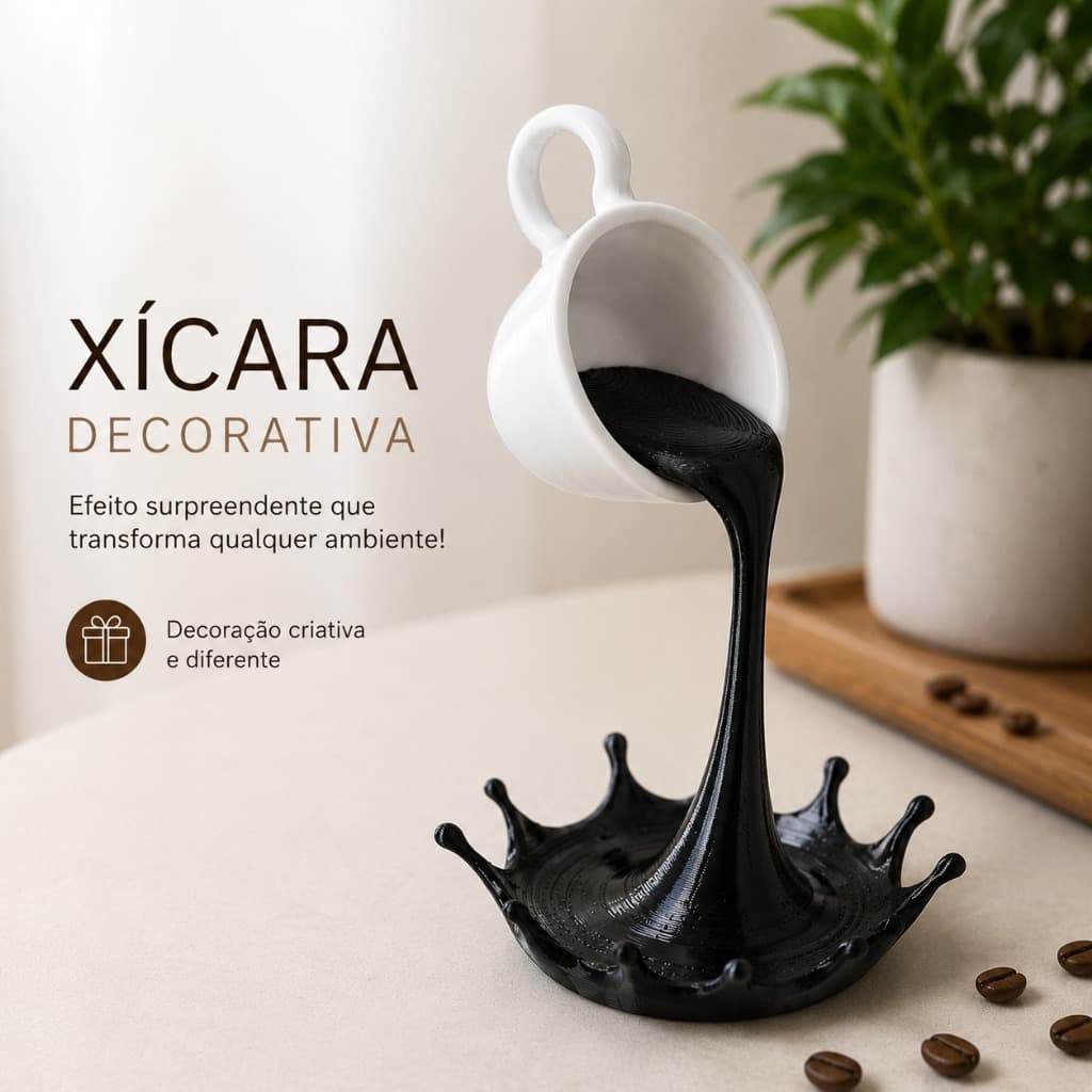 Xícara Flutuante Decorativa 3D Efeito Café Derramando PETG | Decoração Cantinho do Café Moderna