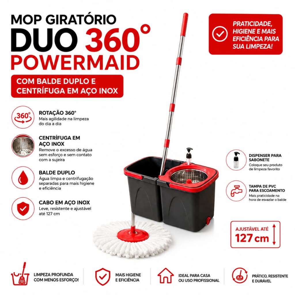 Mop Giratorio Limpeza Facil Rotacao 360 Balde Duplo Centrifuga Inox Duravel