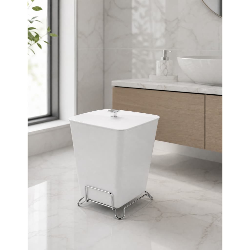 Lixeira de Banheiro Branca Quadrada 7 Litros com Suporte Base Aramada Metal Cromado Elegante Arthi