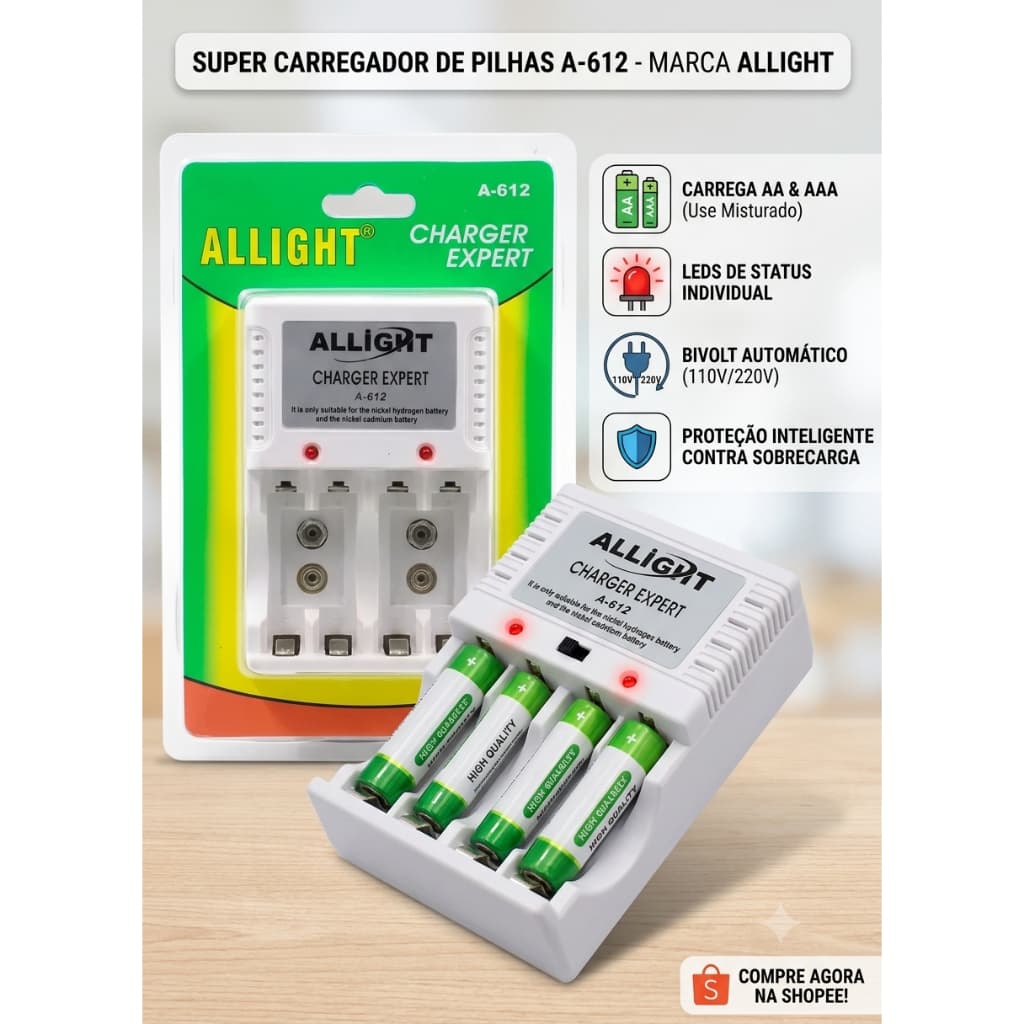 Carregador de Pilhas e Baterias Encaixa na Tomada Allight A-612 Charger Expert | AA AAA e 9V | Bivolt 110/220V
