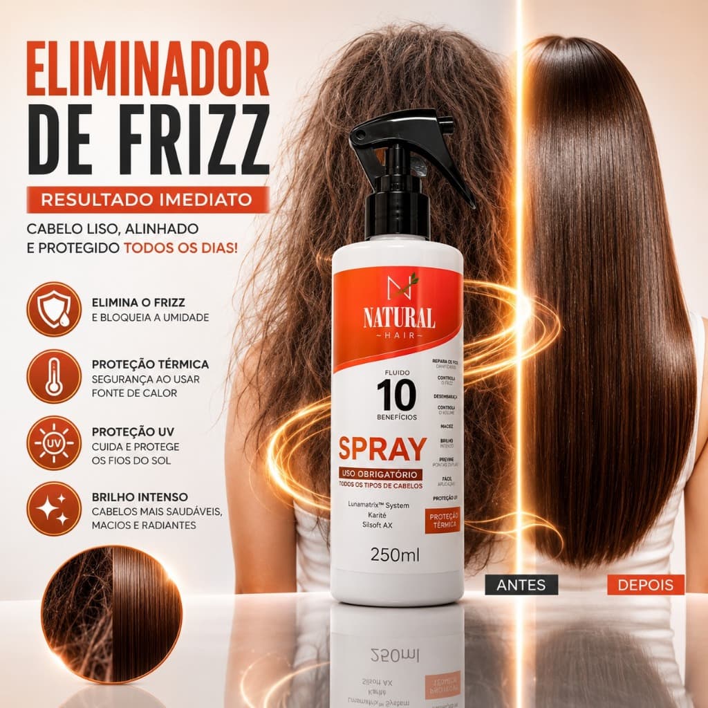 Spray Uso Obrigatório 10 em 1 Natural Hair 250ml Leave-in Protetor Térmico Anti Frizz Profissional