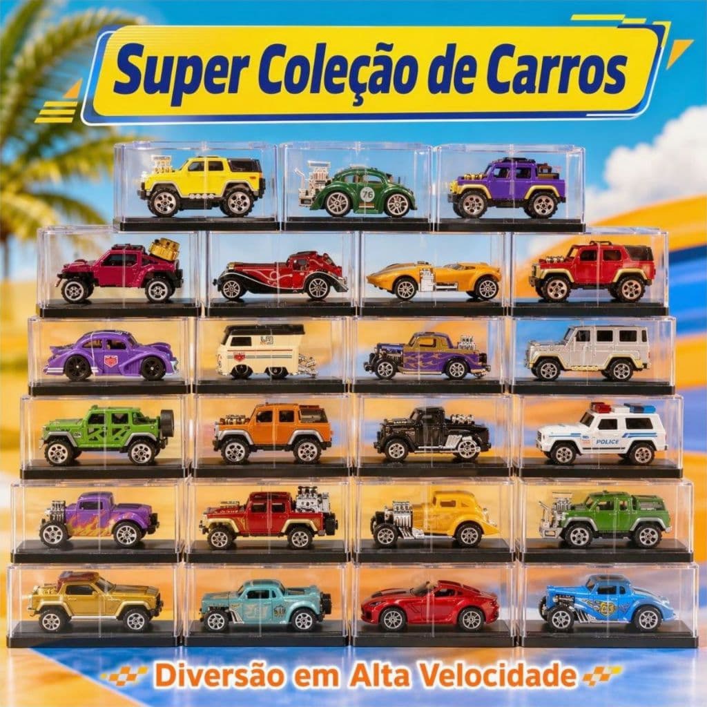 Kit Miniatura Carro Metal Sortido com Caixa Expositora Transparente Anti-Queda