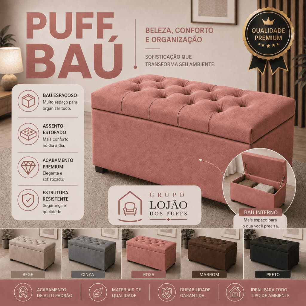 PUFF BAÚ 90CM ROSA CAPITONÊ ESTOFADO SUEDE PÉ DE CAMA ORGANIZADOR PARA QUARTO SALA CLOSET ATÉ 200KG.