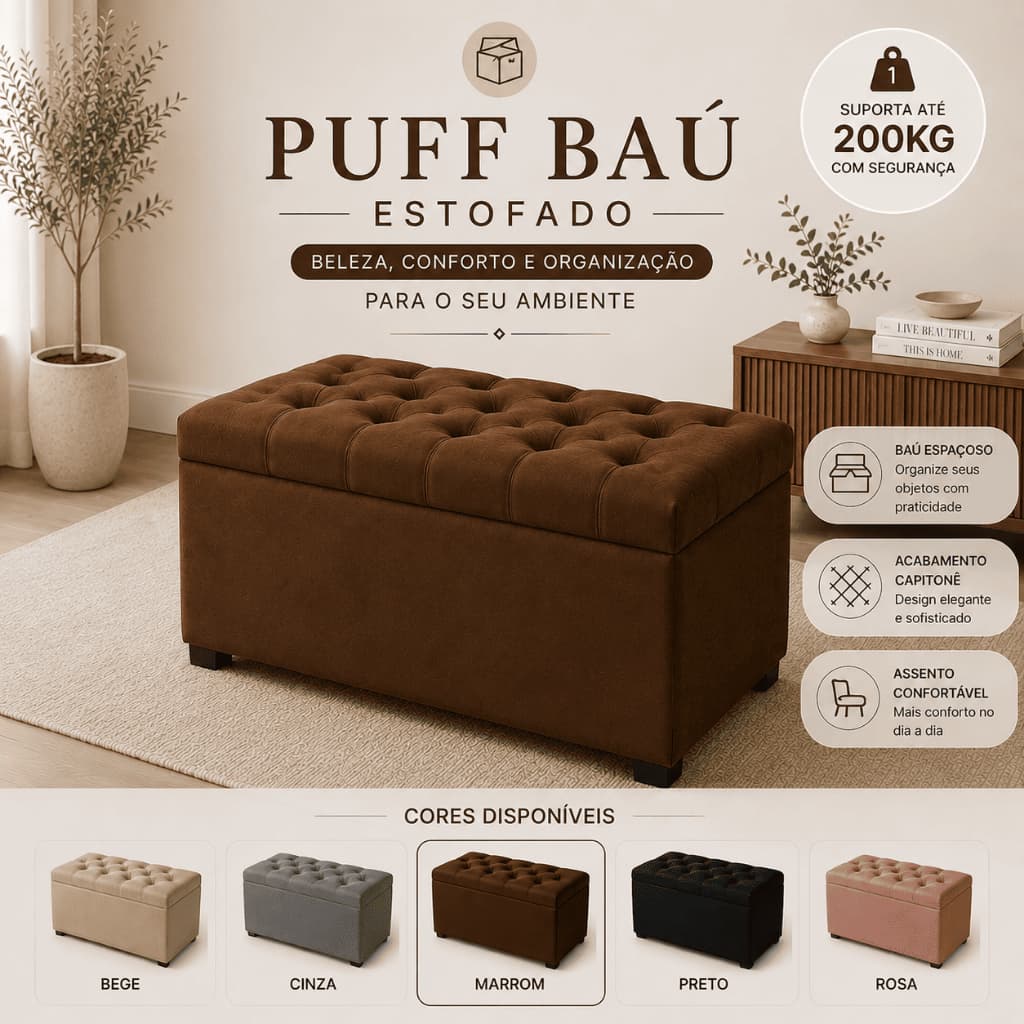 PUFF BAÚ 90CM ESTOFADO CAPITONÊ SUEDE LUXO ORGANIZADOR MULTIUSO BAÚ PORTA OBJETO BRINQUEDOS CALÇADOS