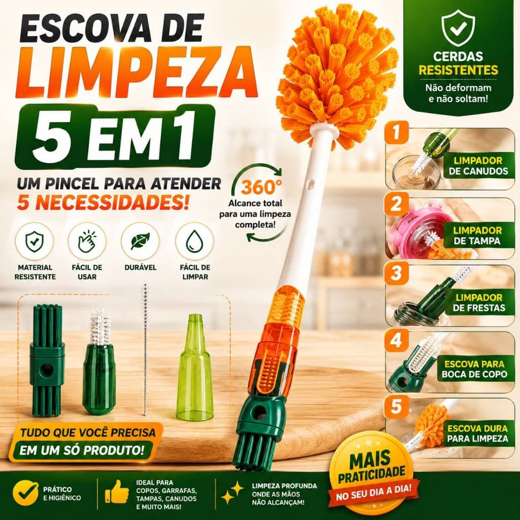 Escova de Limpeza 5 em 1 para Copos Garrafas Canudos Escova Multiuso para Copo Squeeze Mamadeira