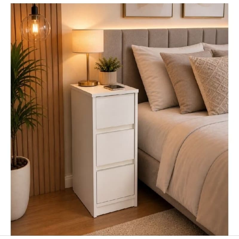 Mesa De Cabeceira Estreito 3 Gavetas 25x60x30 Rodinhas Mdf 15mm Clean Moderno Organizador