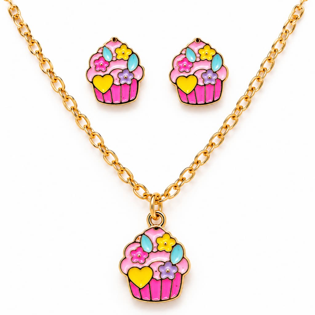 Kit Infantil Colar e Brincos Cupcake Menina Presente Bijuteria Infantil