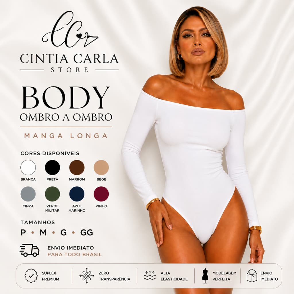 Body Manga Longa Feminino Suplex Elegante Ombro a Ombro Segunda Pele Bori Bory Ciganinha Moda Gringa Blusa Frio Inverno
