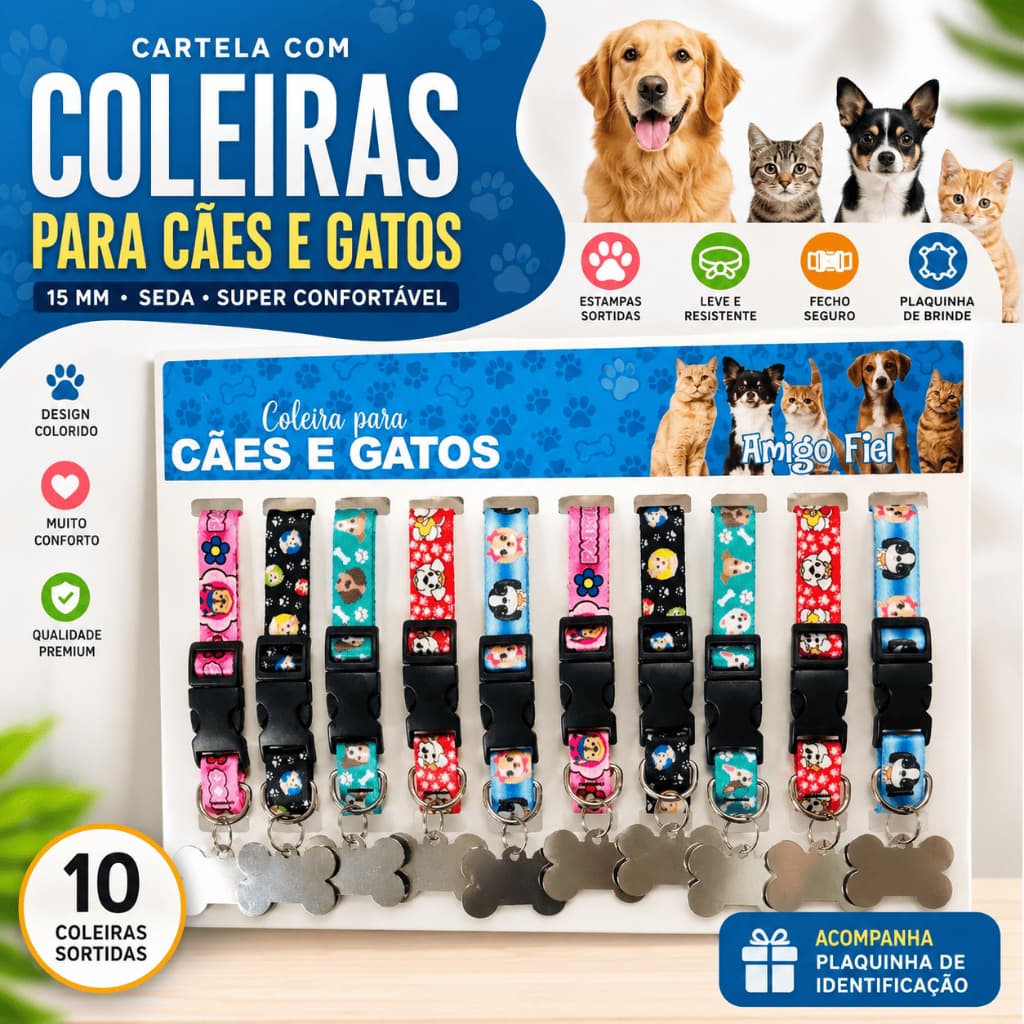 Cartela de Coleiras para Cachorros e Gatos 15mm Fita de Seda Sortidas com Plaquinha de Identificação