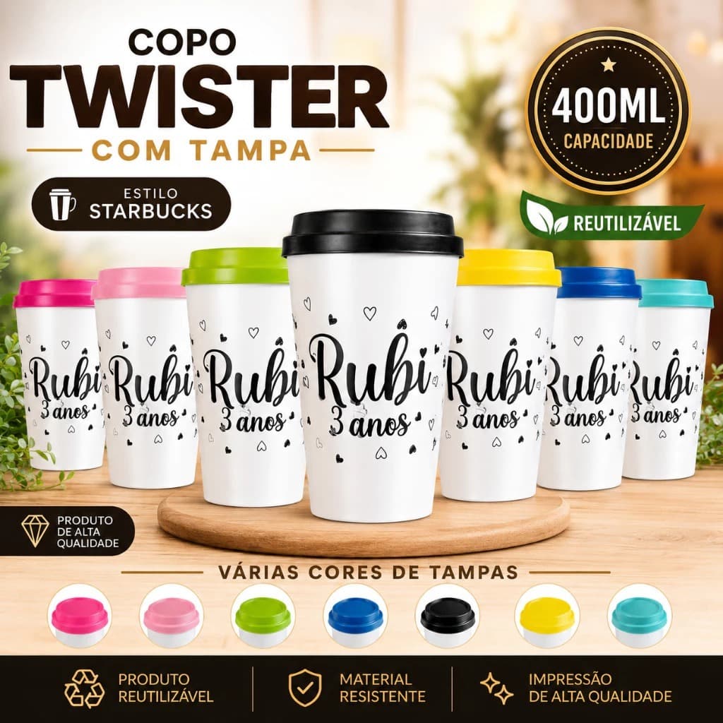 Kit 10 Copo Twister café 400ml tampa Starbucks Lembrancinha Aniversário Festas Eventos Personalizado