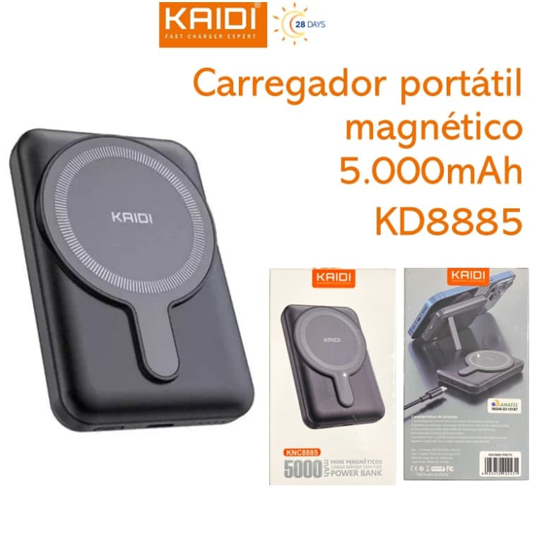 ower Bank Kaidi KNC-8885 Original 5000mAh Magnético Carregador Portátil Sem Fio Carga Rápida Compatível com iPhone MagSa