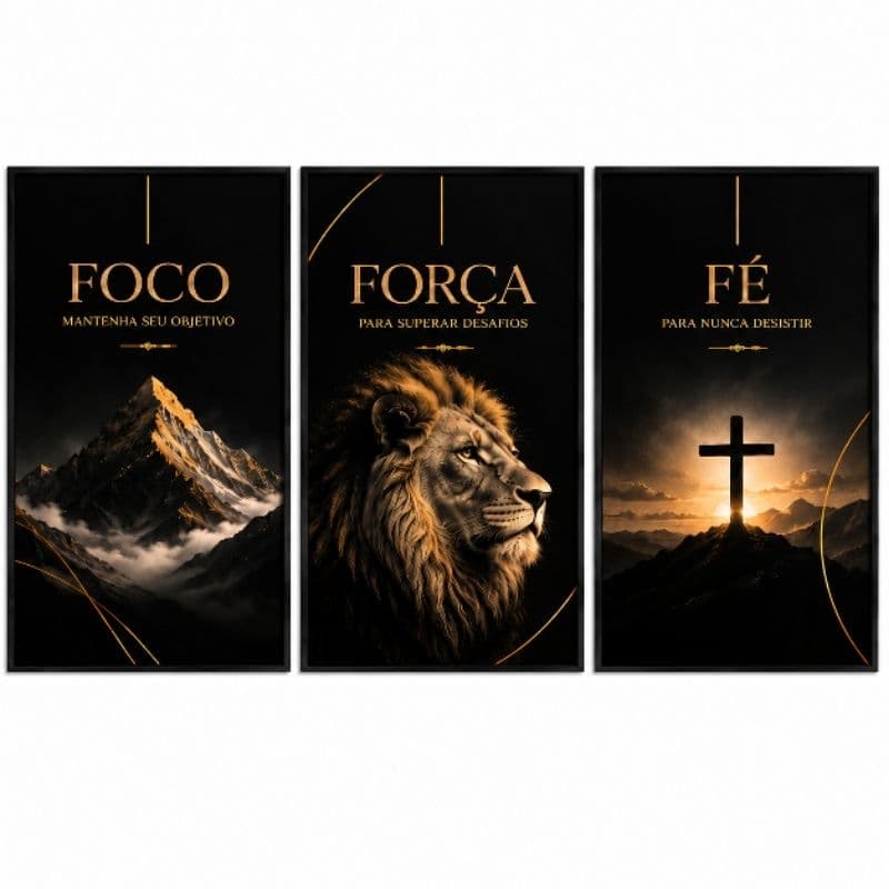Kit Quadro Decorativo 3 Peças Foco Força e Fé Abstrato Preto e Dourado Sala Quarto Escritório