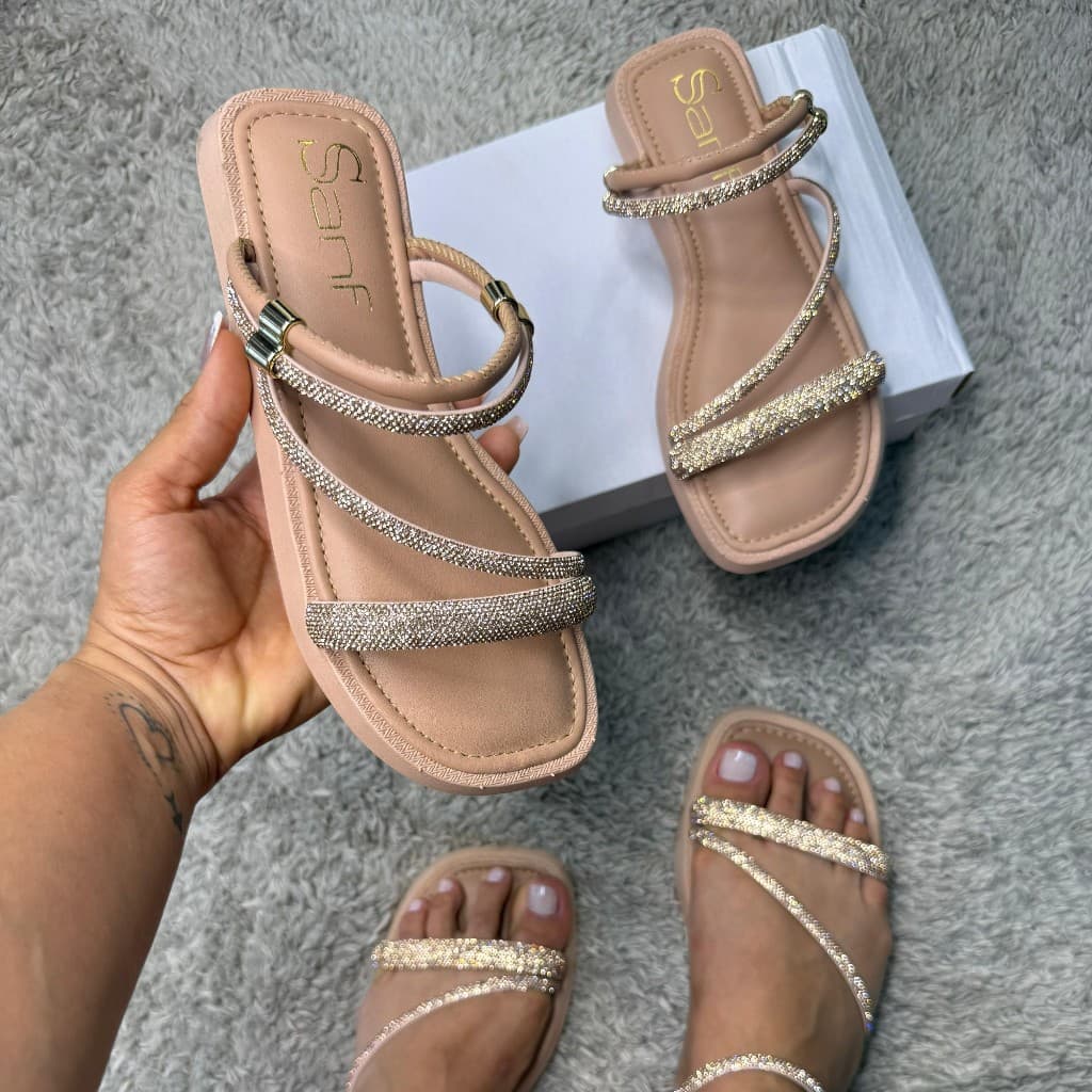 Papete Sanf Flat Feminino Confortável Macia Brilho Strass Elegante Chinelo Flatform Sandália Básica