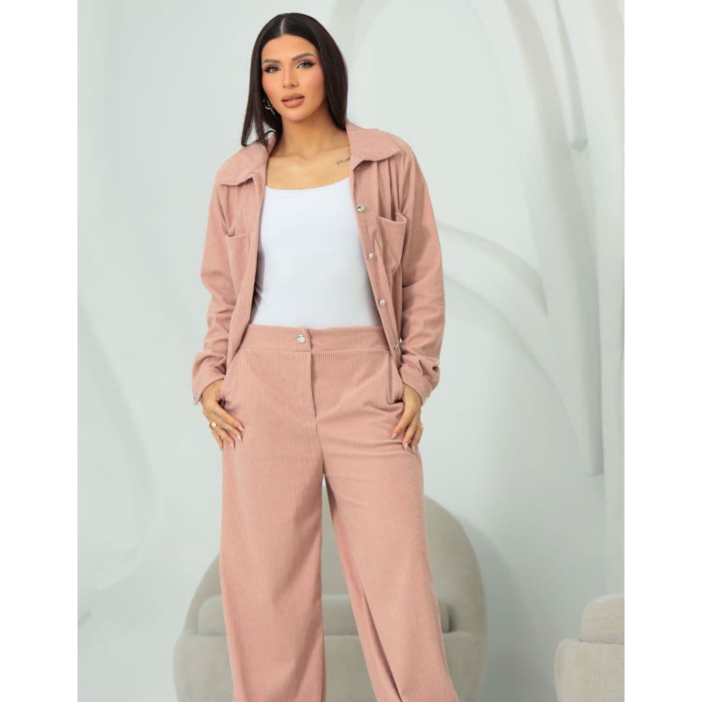 Conjunto Veludo Feminino Casaco Calça Moderno Frio Camisa Botão Gola Bolsos Conjunto de Frio
