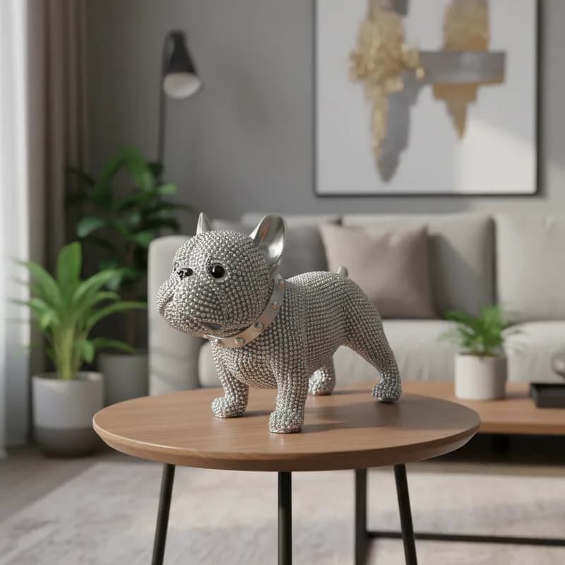 Escultura Decorativa De Resina Buldog Prateado Com Strass