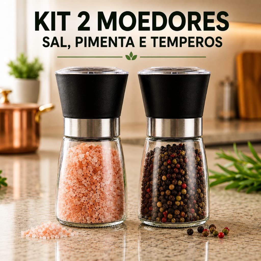 Kit 2 Moedores Pimenta Sal Grosso Temperos Manual Ajustável Aço Inox Vidro Gourmet Cozinha