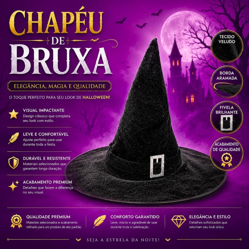 Chapéu De Bruxa HQ Para Halloween Em Canvas Com Cinto Brilhante E Fivela Para Fantasia E Cosplay