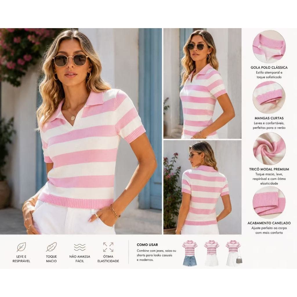 Blusa Feminina de Tricô Modal Gola Polo Listrada Manga Curta Tamanho Único
