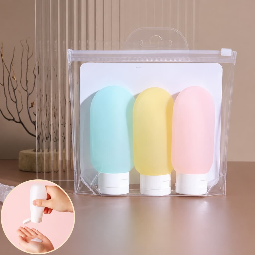 Kit Frasco de Viagem Silicone 60ml Antivazamento Reutilizável com Necessaire Transparente para Shampoo Condicionador Loç