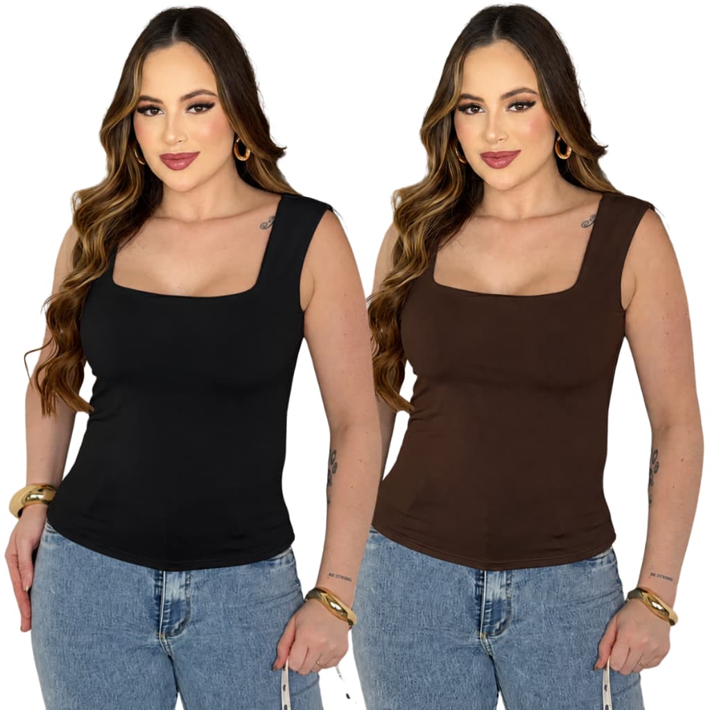 Kit 2 Blusas Femininas Decote Quadrado Suplex Forrado Verão Basica Lisa Moda Elegante Tendência