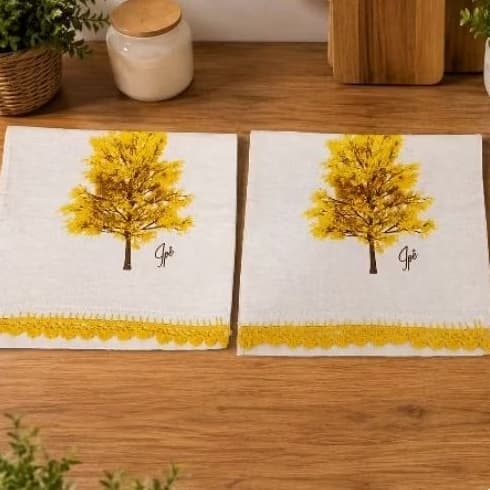 Kit 2 Panos de Prato Decorados Ipê Amarelo com Barrado em Crochê pano de prato