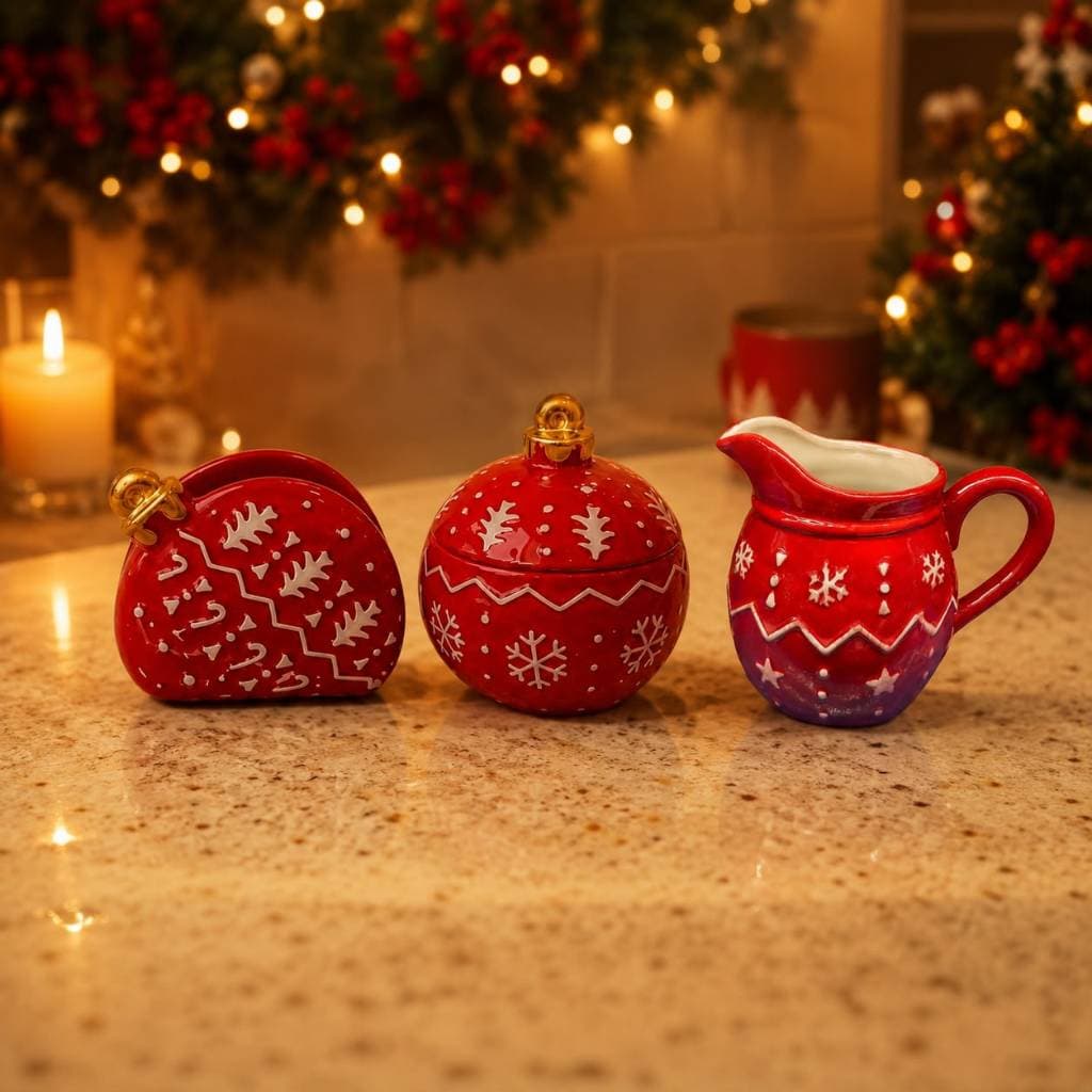 3 Peças de Porcelana Kit De Natal Açucareiro Mini Leiteira e Porta Guardanapos Mesa Posta
