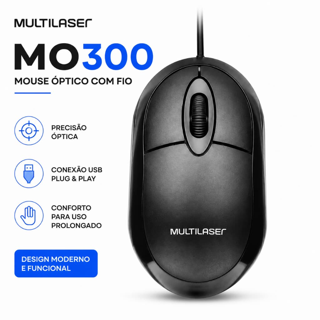Mouse com Fio USB Multi MF100 Óptico 1000 DPI Plug & Play para Notebook e PC