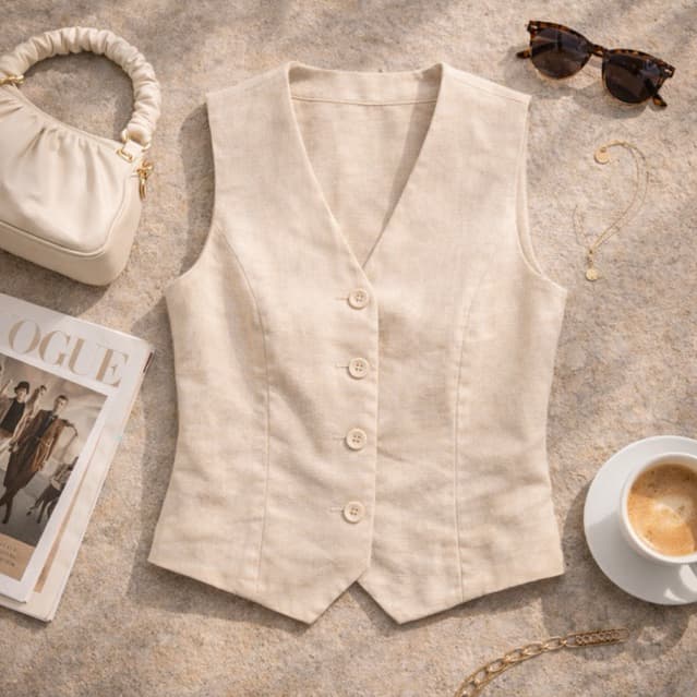 COLETE Feminino LINHO Rústico Social Alfaiataria Decote V Sem Bolso Elegante Casual Moda 2026 FORMA PEQUENA