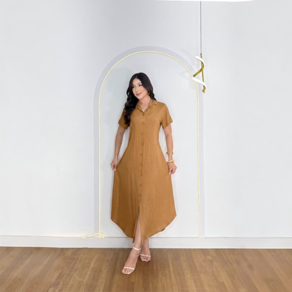Vestido Chemise Feminino Viscolinho Premium Manga Curta Com Botões Longo Elegante Casual Gestante Verão
