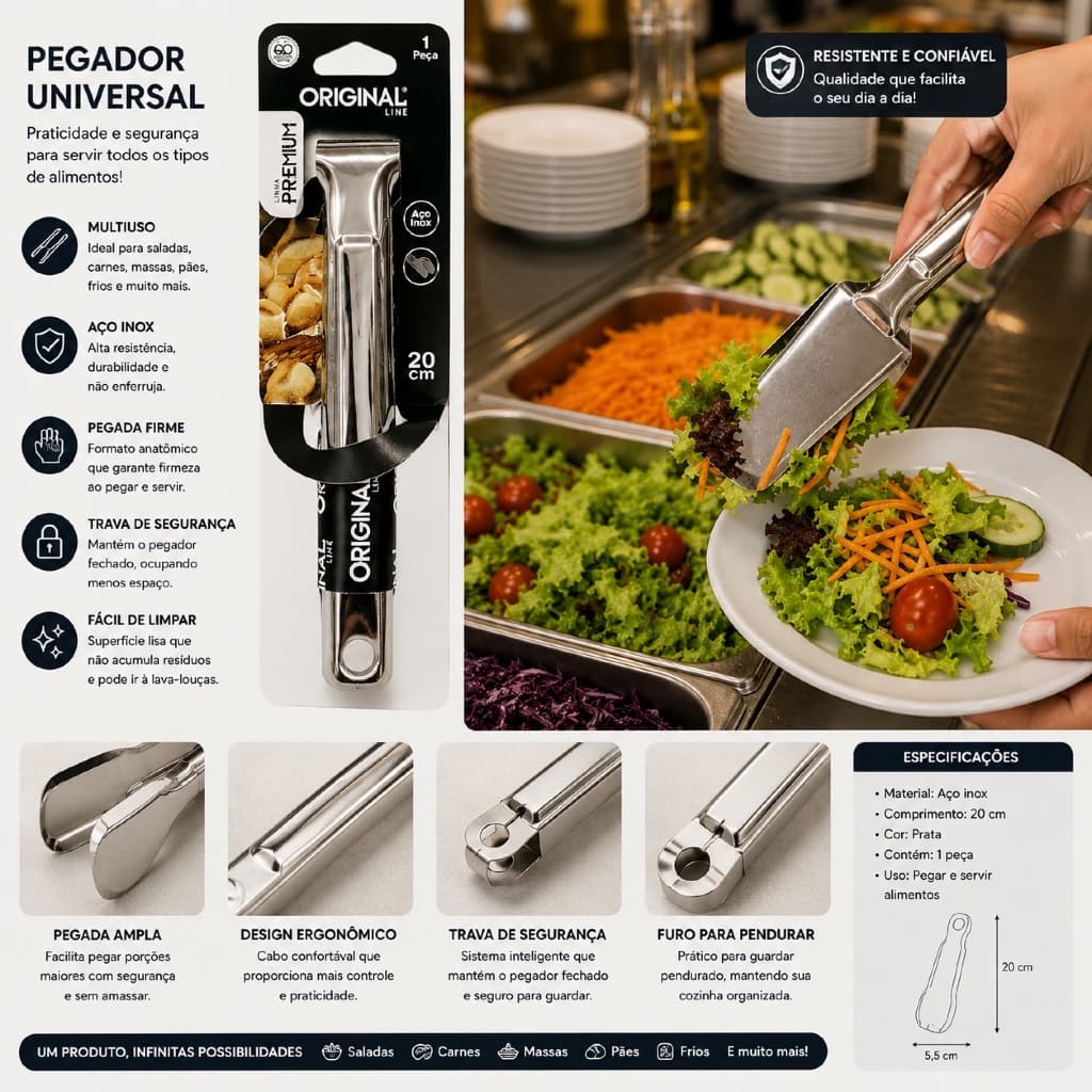 Pegador Universal Original Line — praticidade e segurança pra servir de tudo! 🥗