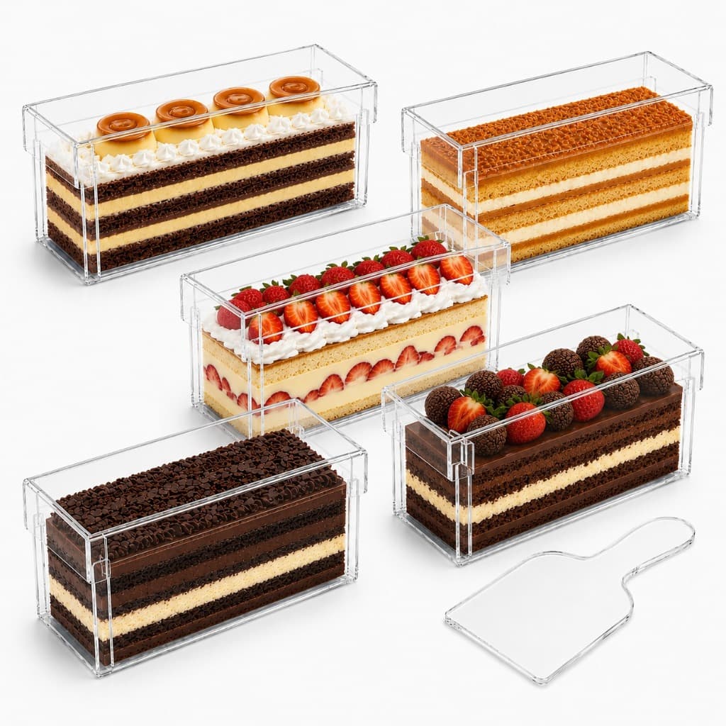Kit 5 Forma Slice Cake 30x10x10 Acrílico Fatia Bolo Com Tampa Confeitaria Formas