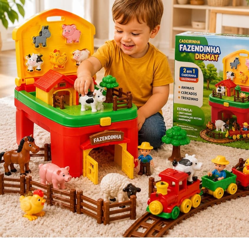 Cadeirinha Fazendinha Infantil Dismat com Animais, Trenzinho e Cercados Brinquedo Educativo