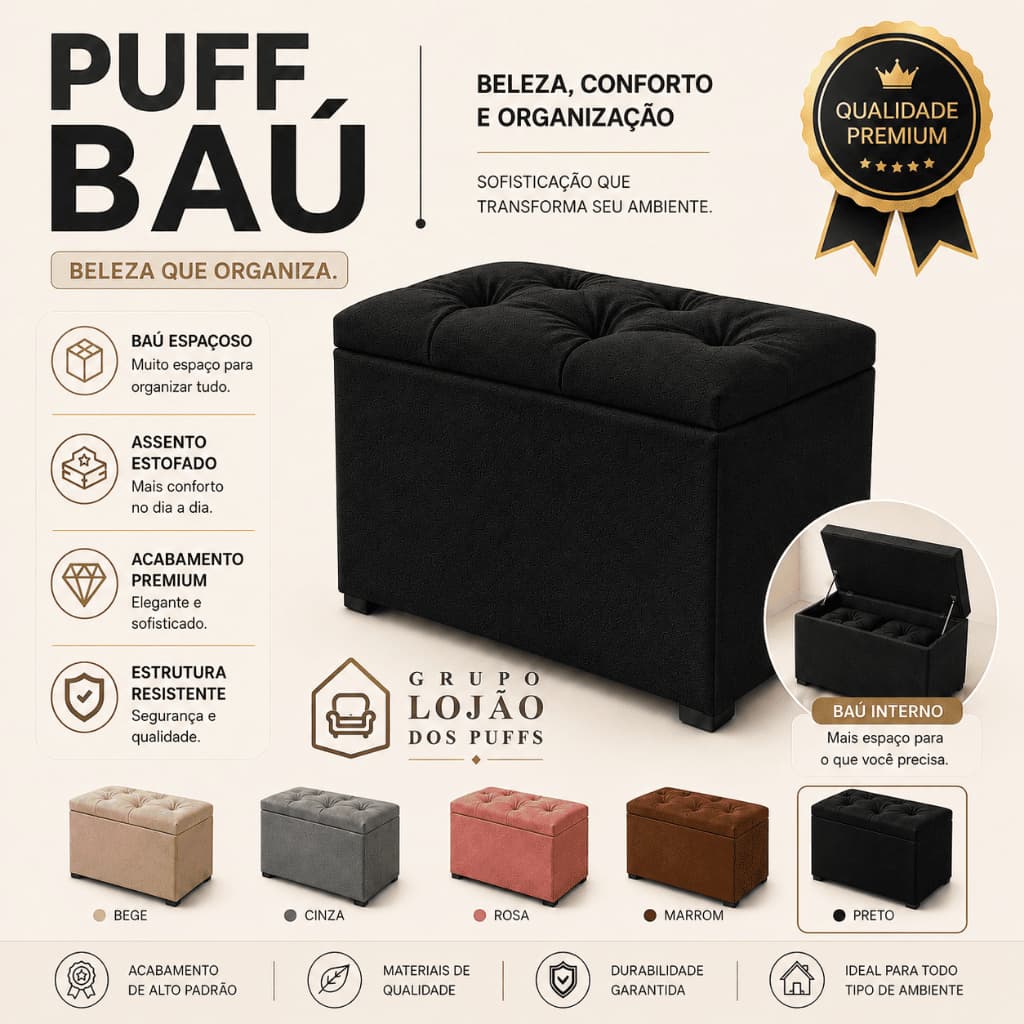 PUFF BAÚ TECIDO SUEDE LUXO ORGANIZADOR ESTOFADO MULTIUSO QUARTO SALA CASA PENTEADEIRA ROUPAS SAPATOS