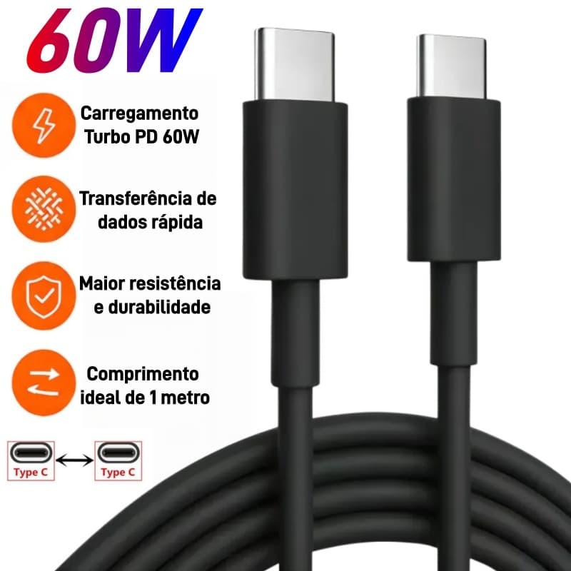 Cabo USB C Type C 60W PD Para iPhone Notebook Android Carregamento Rápido 1m