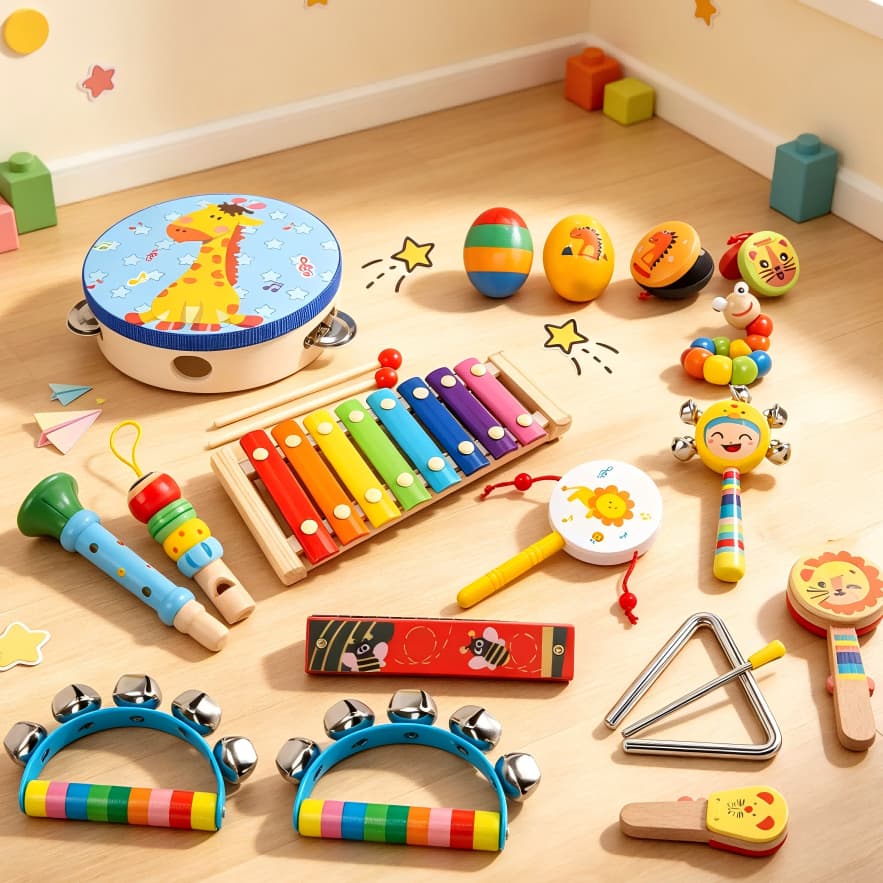 Conjunto de instrumentos de percussão infantis Brinquedos musicais educativos tambores e harpa