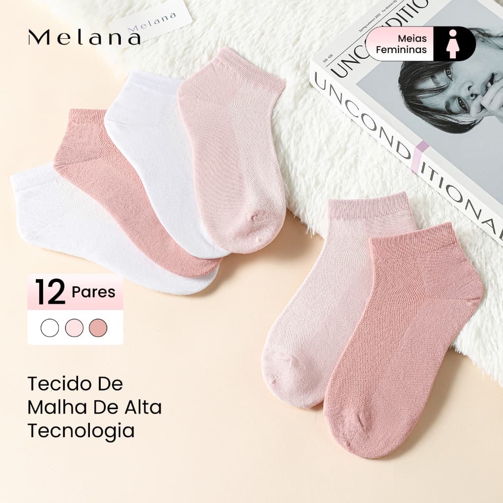 Melana Kit com 12 Pares Meias Invisíveis Unissex Algodão Confortável e Respirável Cores Sortidas
