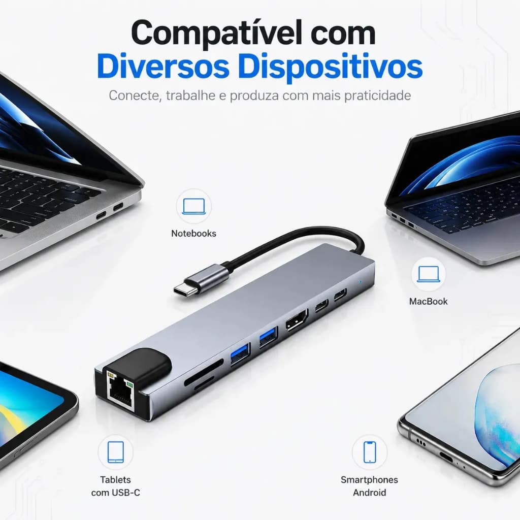 Hub Usb-c 8 Em 1 Hdmi 4k Rj45 Ethernet Leitor Sd Tf Usb 3.0 Pd 100w Carregamento Rápido Adaptador Multiportas Macbook
