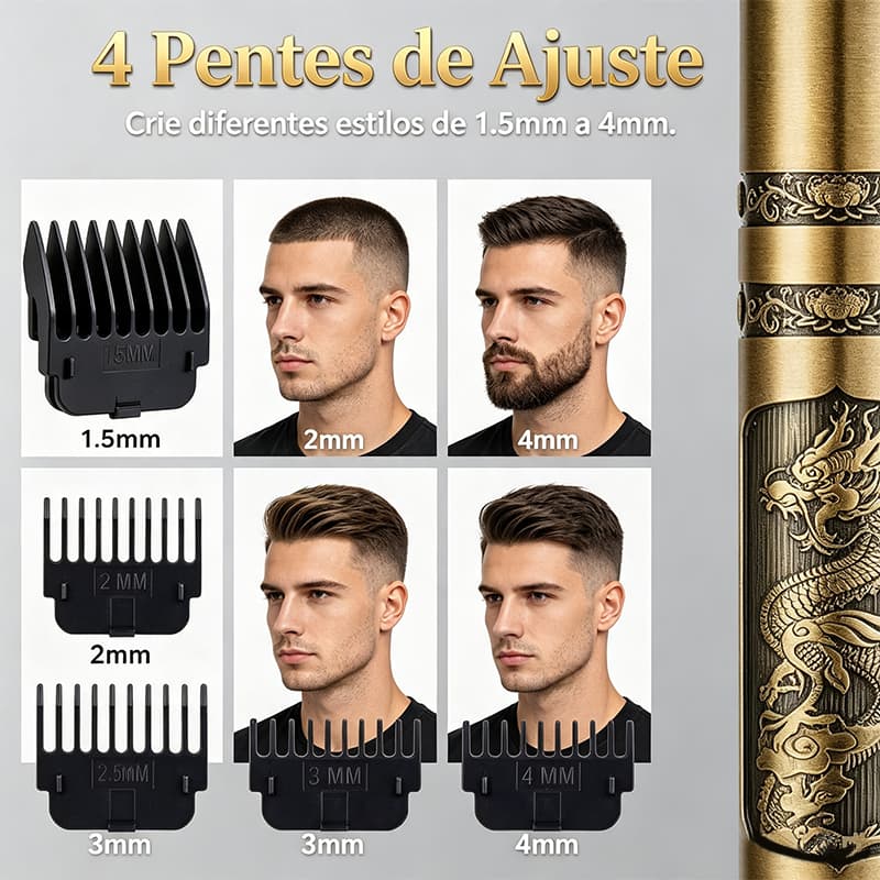 Máquina Cortar Cabelo Elétrica Recarregável USB Dragão, 4 Pentes Guia 1.5‑4mm, Barbeador para Barba e Cabelo Uso Domésti