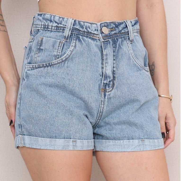 Short Bermuda Jeans Feminino Preto Barra Feita Liso Bainha
