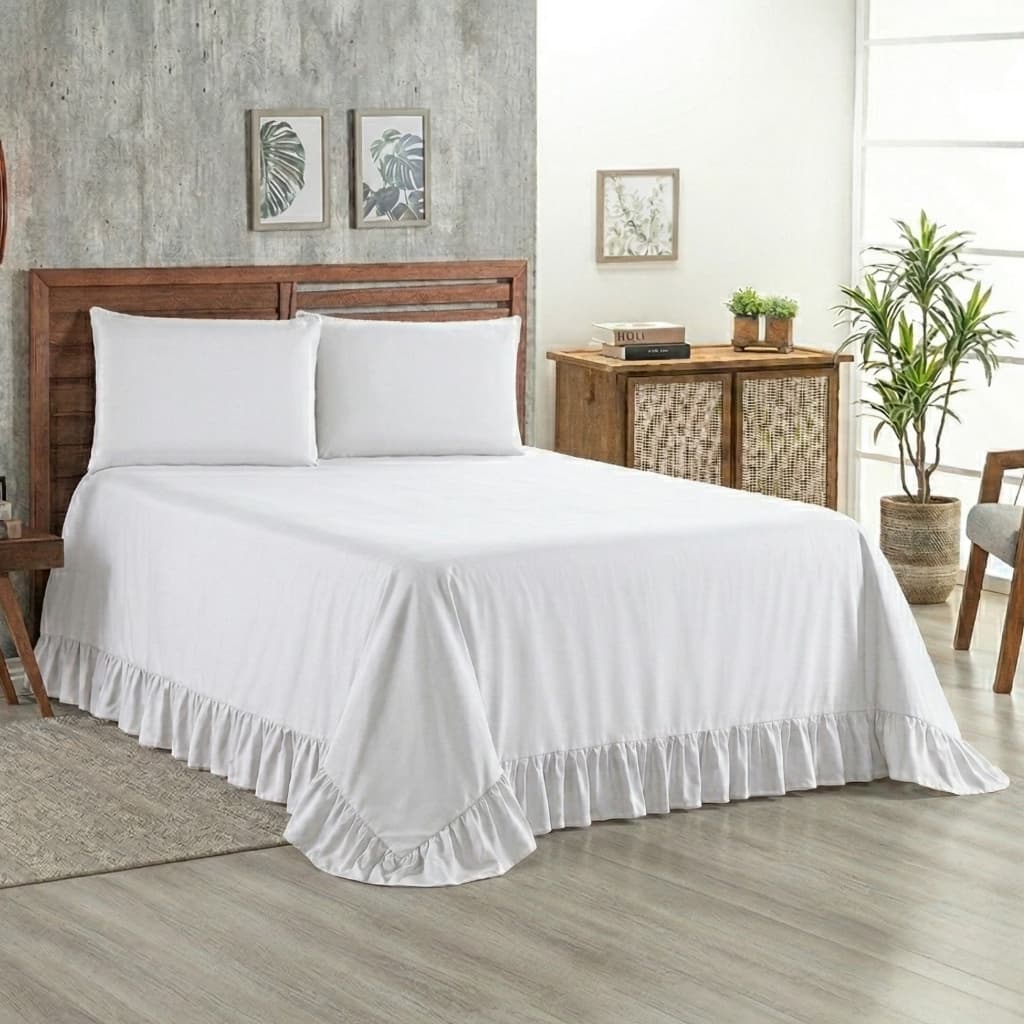 Kit Colcha Cobre Leito 400 fios Queen 3 peças Premium Lisa com Babado Com Porta Travesseiro
