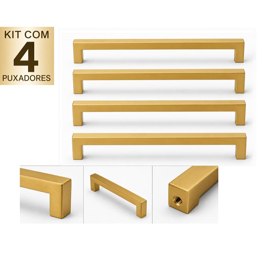 Kit 4 Puxadores Rezzo IL811 Inox Dourado Matte 256mm Alça Moveis Armarios Gavetas Portas