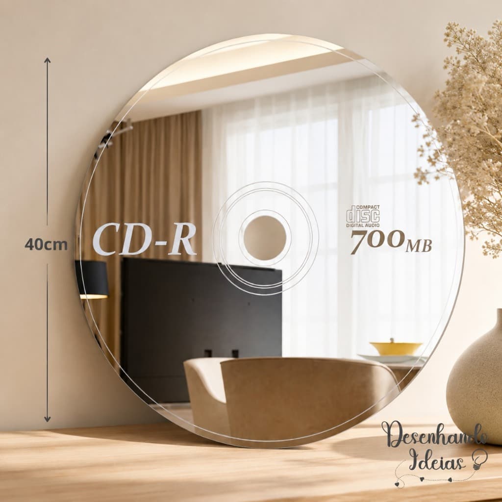 Espelho Decorativo CD Vinil 40cm Acrílico Espelhado Prata Decoração para Sala e Quartos