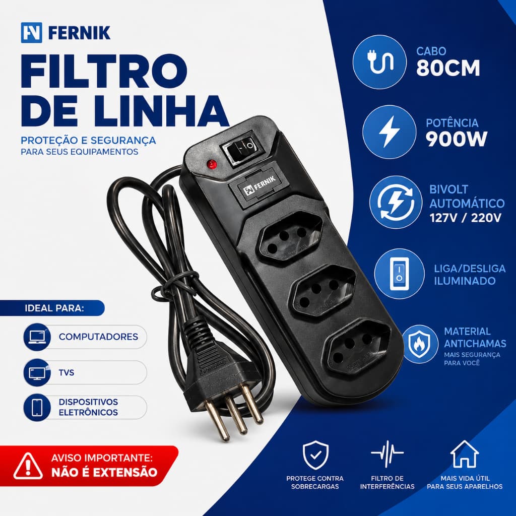 Filtro de Linha 3 Tomadas 900W Preto Extensão Elétrica Reforçada