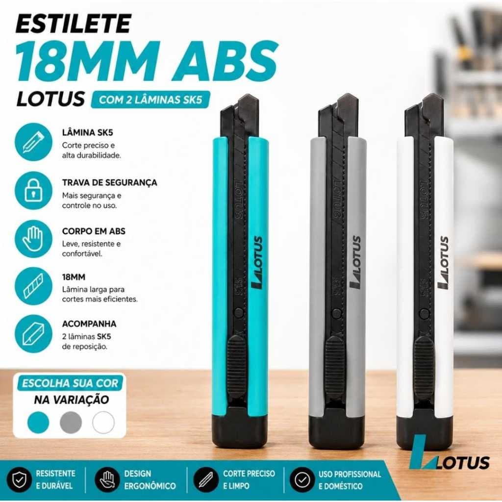 Estilete 18mm C/ 2 Laminas Sk5 | COM TRAVA | ABS | CORES VARIADAS | 1866 | CORTE PROFISSIONAL E SEGURO